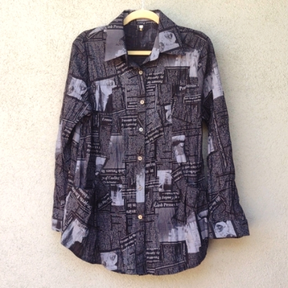 Button-Down Newspaper Print Shirt - Black & Gray